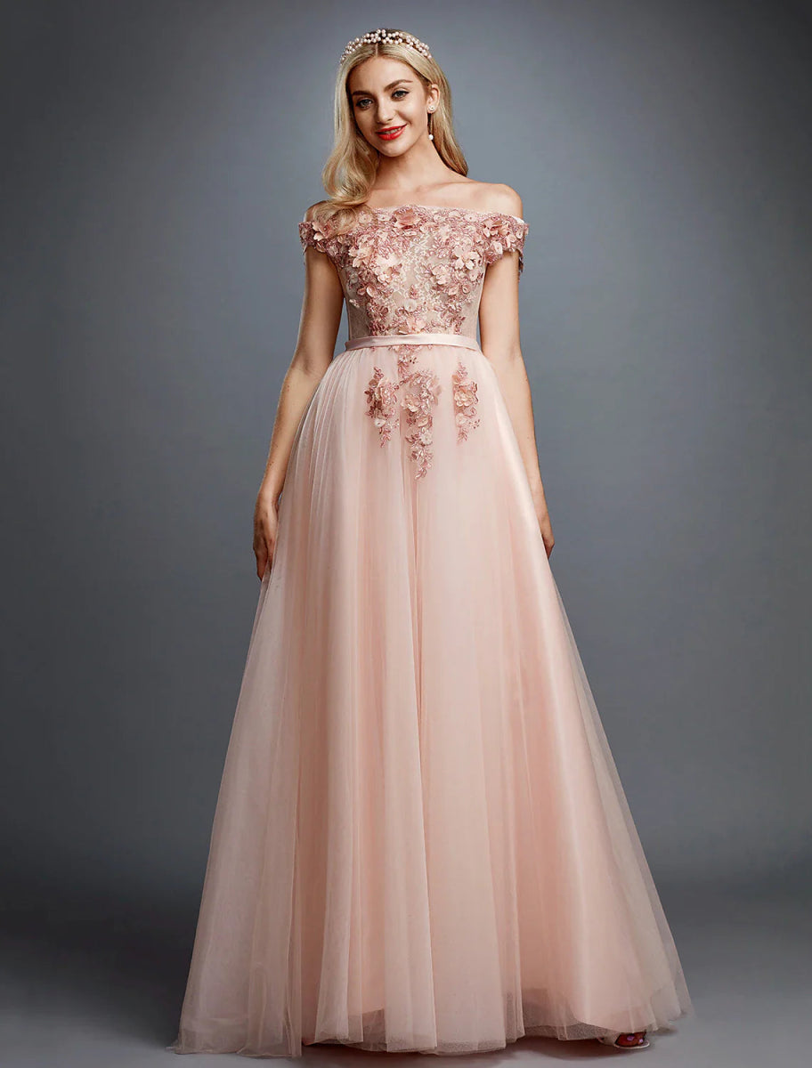 NumberSea - A - Line Floral Dress Wedding Guest Sweep / Brush Train Sleeveless Off Shoulder Tulle Over Lace with Appliques