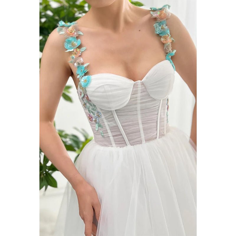 NumberSea - A - line Floral Spaghetti Straps White Formal Evening Dress Wedding Party Dress