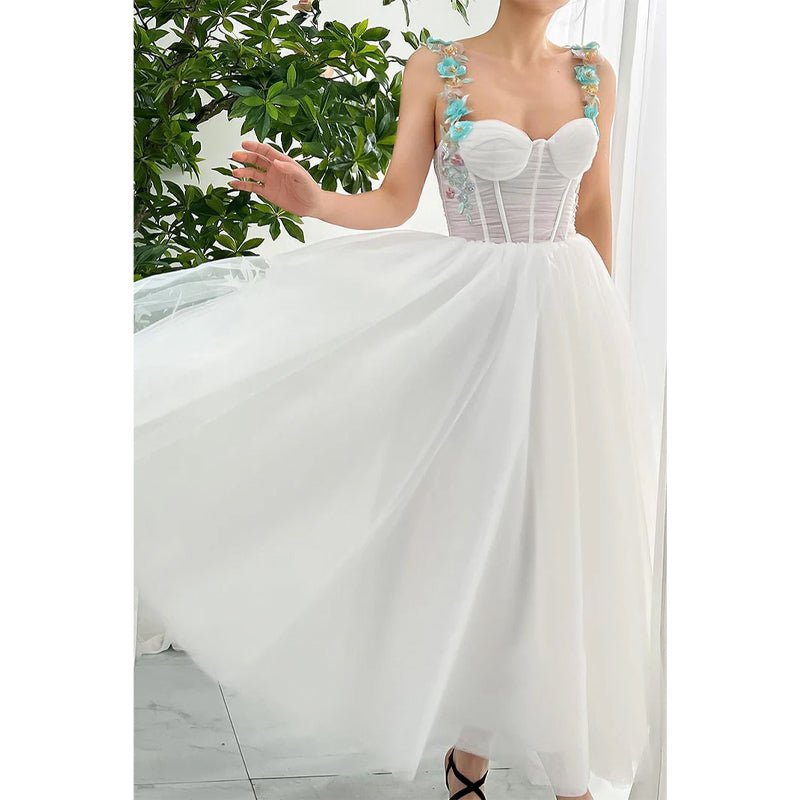 NumberSea - A - line Floral Spaghetti Straps White Formal Evening Dress Wedding Party Dress