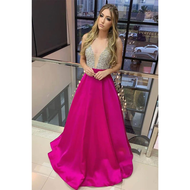 NumberSea - A - line Fuchsia Satin Beaded V - neck Long Prom Dress Formal Evening Gowns