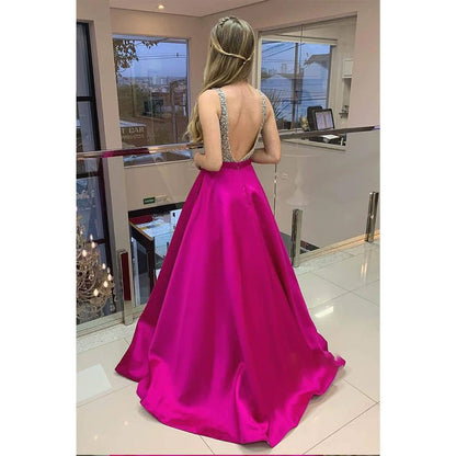 NumberSea - A - line Fuchsia Satin Beaded V - neck Long Prom Dress Formal Evening Gowns