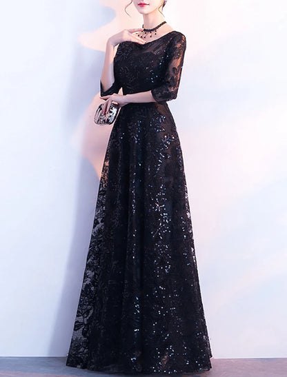 NumberSea - A - Line Glittering Elegant Wedding Guest Formal Evening Dress Jewel Neck 3/4 Length Sleeve Floor Length Sequined with Sash / Ribbon Bow(s) Sequin