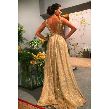 NumberSea - A - line Gold Sequins V - neck Sparkle Prom Dress Party Dress