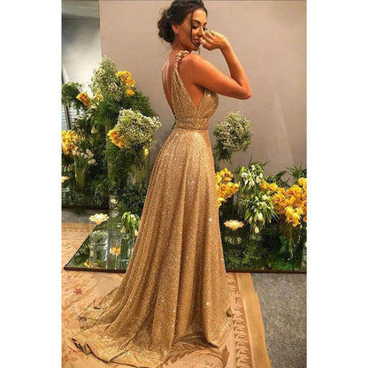 NumberSea - A - line Gold Sequins V - neck Sparkle Prom Dress Party Dress