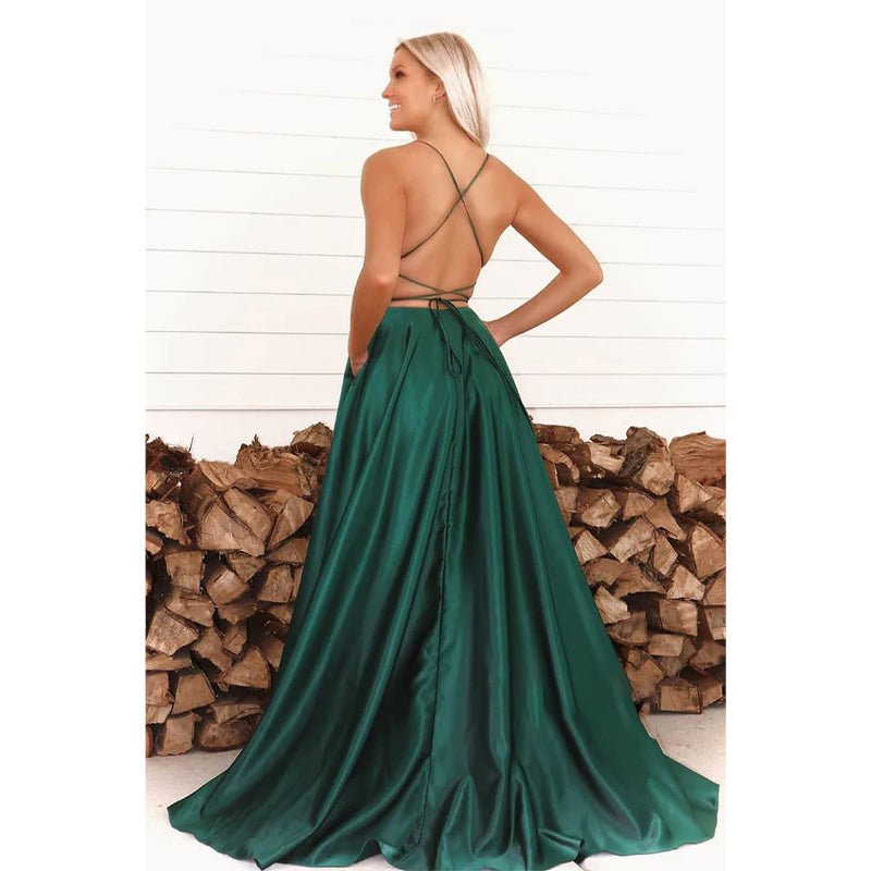 NumberSea - A - line Green Satin Scoop High Split Long Prom Dress with Pockets