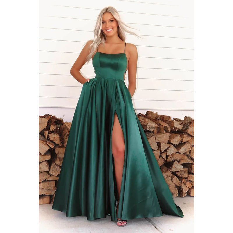 NumberSea - A - line Green Satin Scoop High Split Long Prom Dress with Pockets