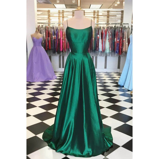 NumberSea - A - line Green Stretch Satin Simple Prom Dress Pageant Dress