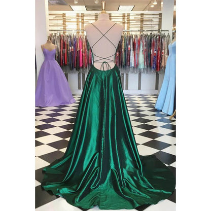 NumberSea - A - line Green Stretch Satin Simple Prom Dress Pageant Dress