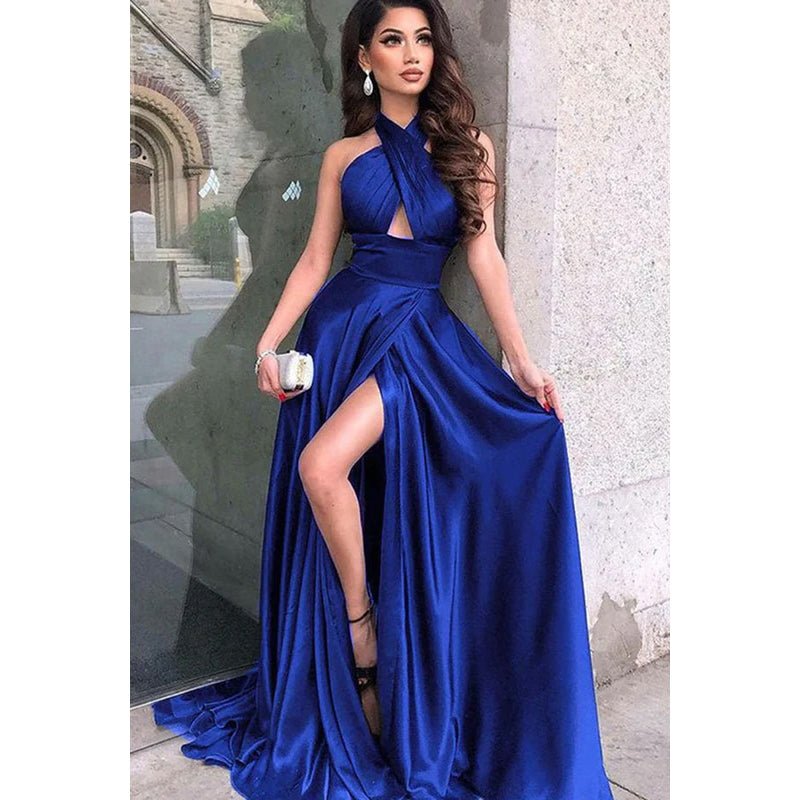 NumberSea - A Line Halter Pleated Satin Long Formal Evening Party Dress With Slit