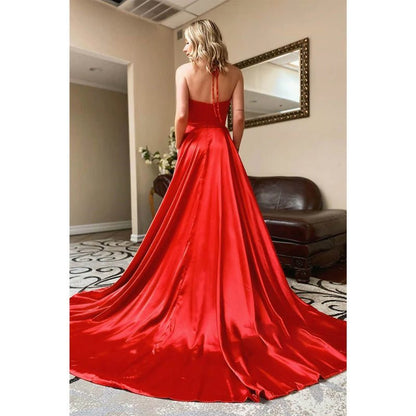 NumberSea - A - line Halter Red Stretch Satin High Split Simple Prom Dress with Pockets