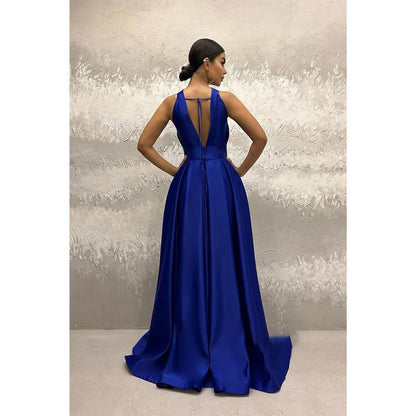 NumberSea - A - line Halter Royal Blue Satin Simple Long Prom Evening Dress