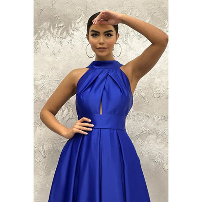 NumberSea - A - line Halter Royal Blue Satin Simple Long Prom Evening Dress