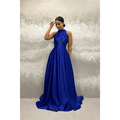 NumberSea - A - line Halter Royal Blue Satin Simple Long Prom Evening Dress