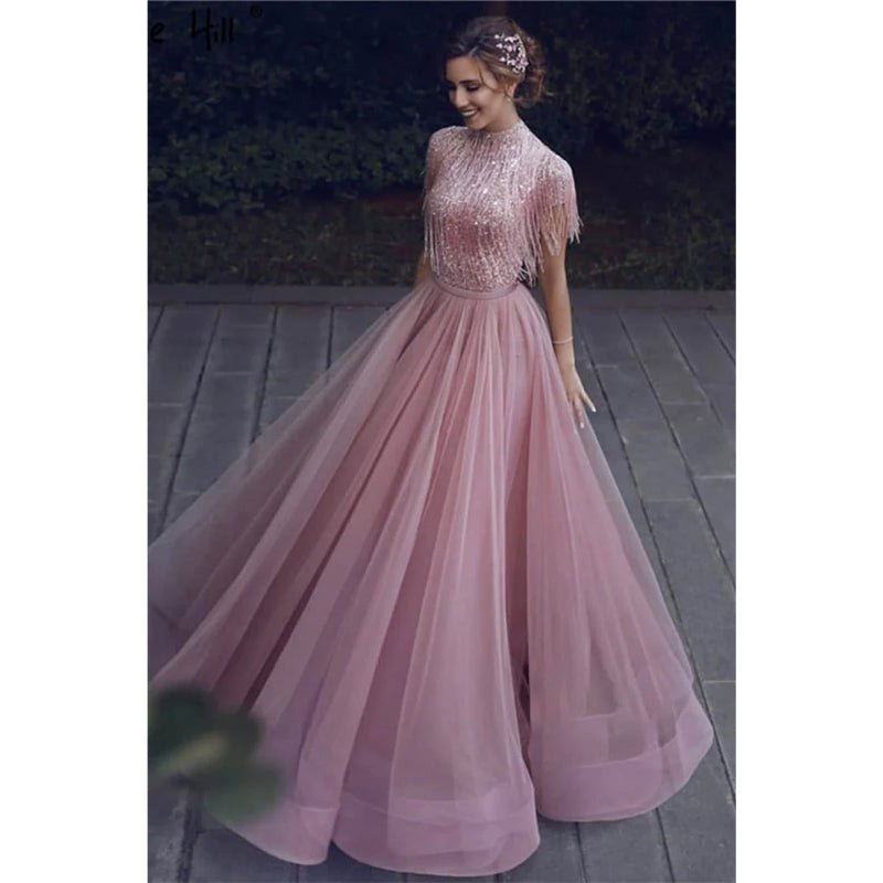 NumberSea - A - line High Neck Beaded Pink Tulle Long Prom Dress