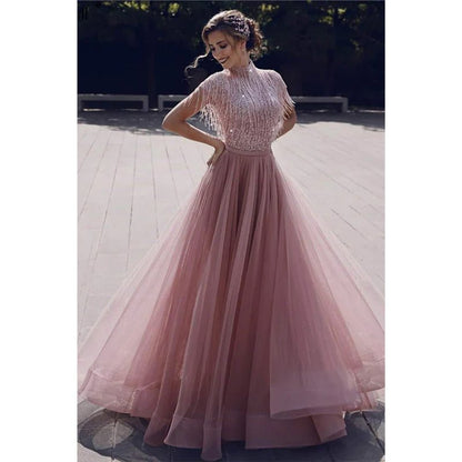 NumberSea - A - line High Neck Beaded Pink Tulle Long Prom Dress