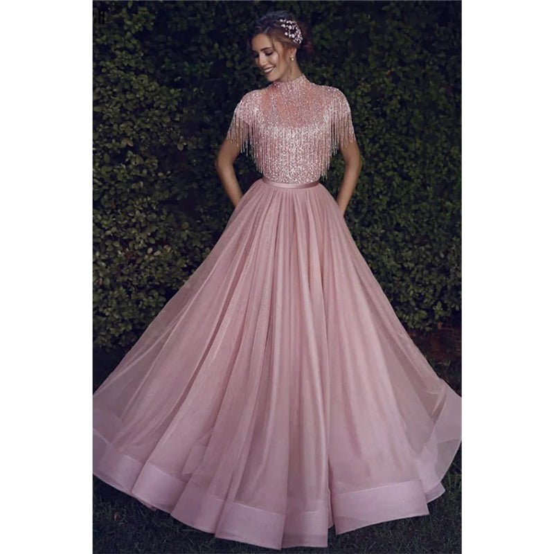 NumberSea - A - line High Neck Beaded Pink Tulle Long Prom Dress