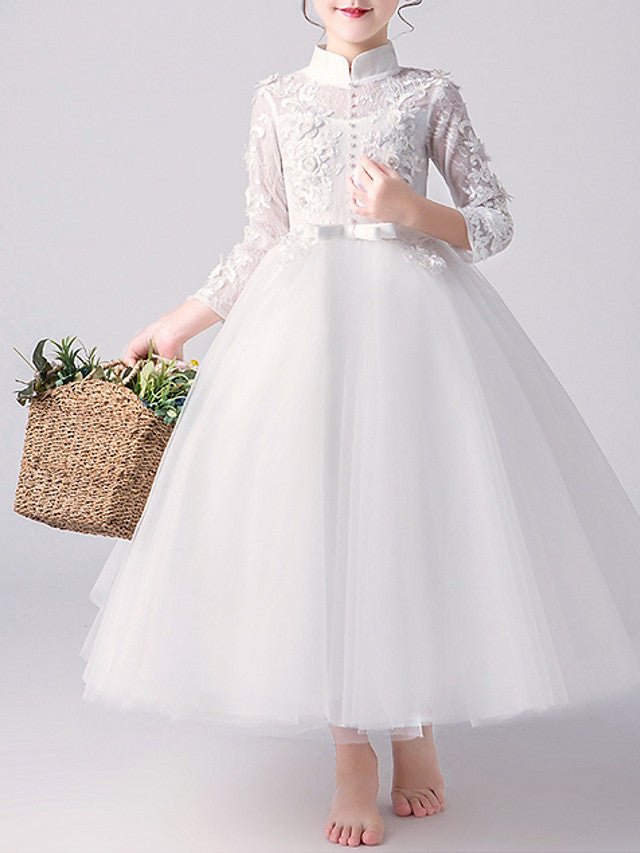 NumberSea - A - Line High Neck Tulle First Communion Flower Girl Dresses with Sleeves