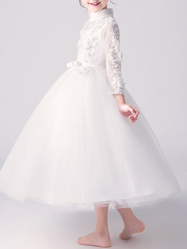 NumberSea - A - Line High Neck Tulle First Communion Flower Girl Dresses with Sleeves