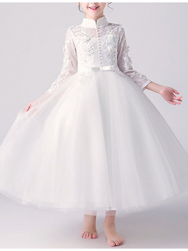 NumberSea - A - Line High Neck Tulle First Communion Flower Girl Dresses with Sleeves