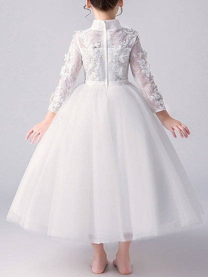 NumberSea - A - Line High Neck Tulle First Communion Flower Girl Dresses with Sleeves