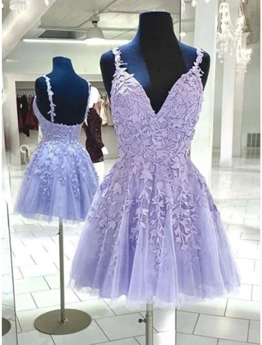 NumberSea - A - Line Homecoming Dresses Backless Dress Graduation Birthday Short / Mini Sleeveless Spaghetti Strap Tulle with Appliques