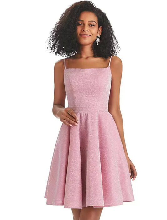 NumberSea - A - Line Homecoming Dresses Backless Dress Graduation Cocktail Party Short / Mini Sleeveless Spaghetti Strap Pink Dress Lurex Fabric with Sequin Strappy