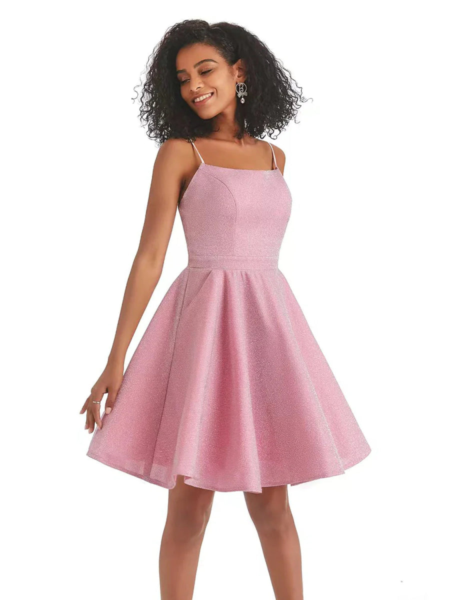 NumberSea - A - Line Homecoming Dresses Backless Dress Graduation Cocktail Party Short / Mini Sleeveless Spaghetti Strap Pink Dress Lurex Fabric with Sequin Strappy