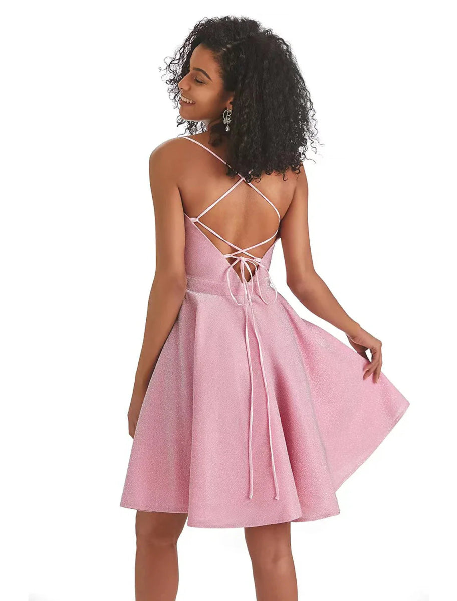 NumberSea - A - Line Homecoming Dresses Backless Dress Graduation Cocktail Party Short / Mini Sleeveless Spaghetti Strap Pink Dress Lurex Fabric with Sequin Strappy