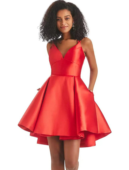 NumberSea - A - Line Homecoming Dresses Backless Dress Holiday Birthday Short / Mini Sleeveless V Neck Satin with Pleats