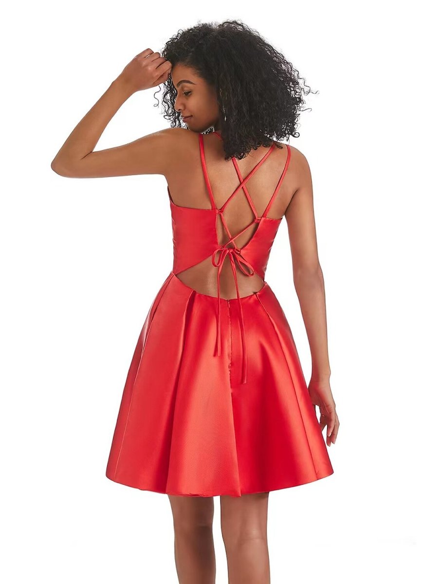 NumberSea - A - Line Homecoming Dresses Backless Dress Holiday Birthday Short / Mini Sleeveless V Neck Satin with Pleats