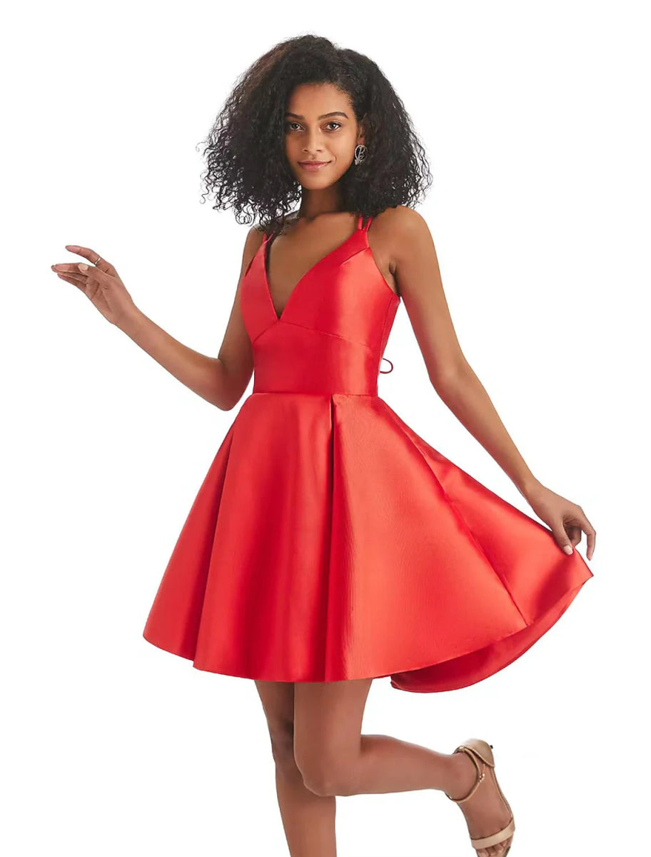 NumberSea - A - Line Homecoming Dresses Backless Dress Holiday Birthday Short / Mini Sleeveless V Neck Satin with Pleats