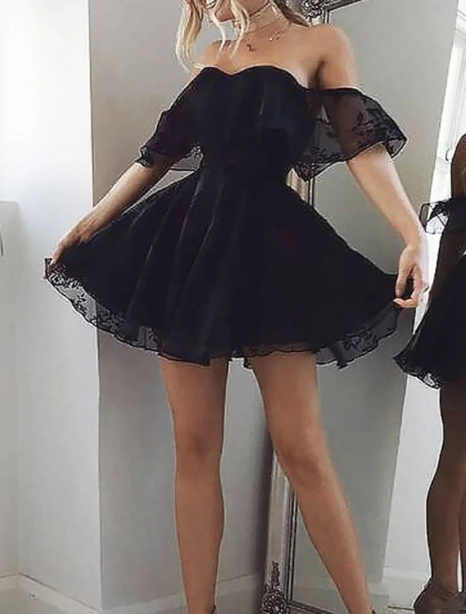 NumberSea - A - Line Homecoming Dresses Black Dress Holiday Graduation Short / Mini Sleeveless Off Shoulder Lace with Appliques