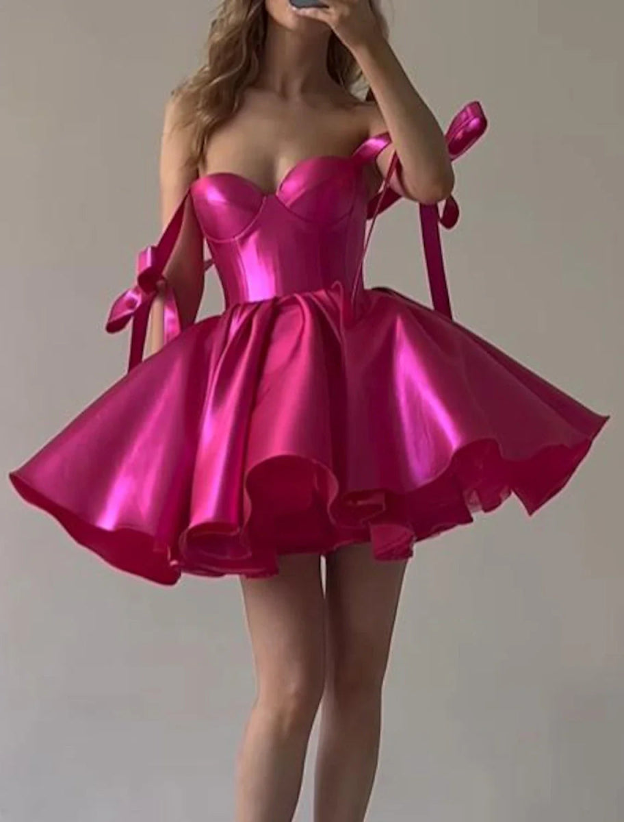 NumberSea - A - Line Homecoming Dresses Corsets Dress Holiday Graduation Short / Mini Sleeveless Spaghetti Strap Pink Dress Satin with Bow(s)