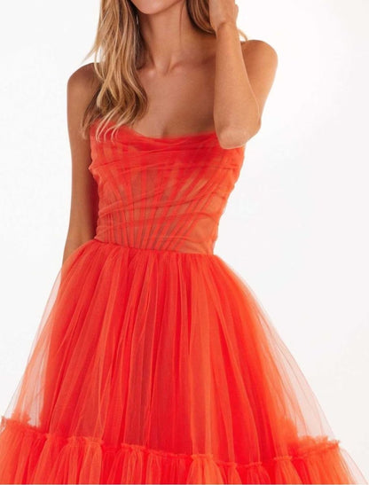 NumberSea - A - Line Homecoming Dresses Corsets Dress Party Wear Knee Length Sleeveless Strapless Tulle with Pleats