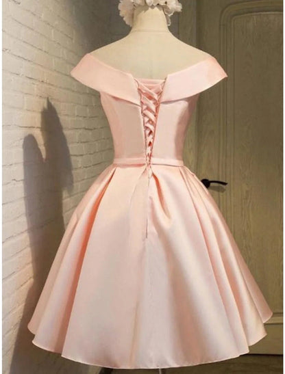 NumberSea - A - Line Homecoming Dresses Elegant Dress Holiday Graduation Short / Mini Sleeveless Off Shoulder Pink Dress Satin with Strappy