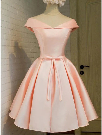 NumberSea - A - Line Homecoming Dresses Elegant Dress Holiday Graduation Short / Mini Sleeveless Off Shoulder Pink Dress Satin with Strappy