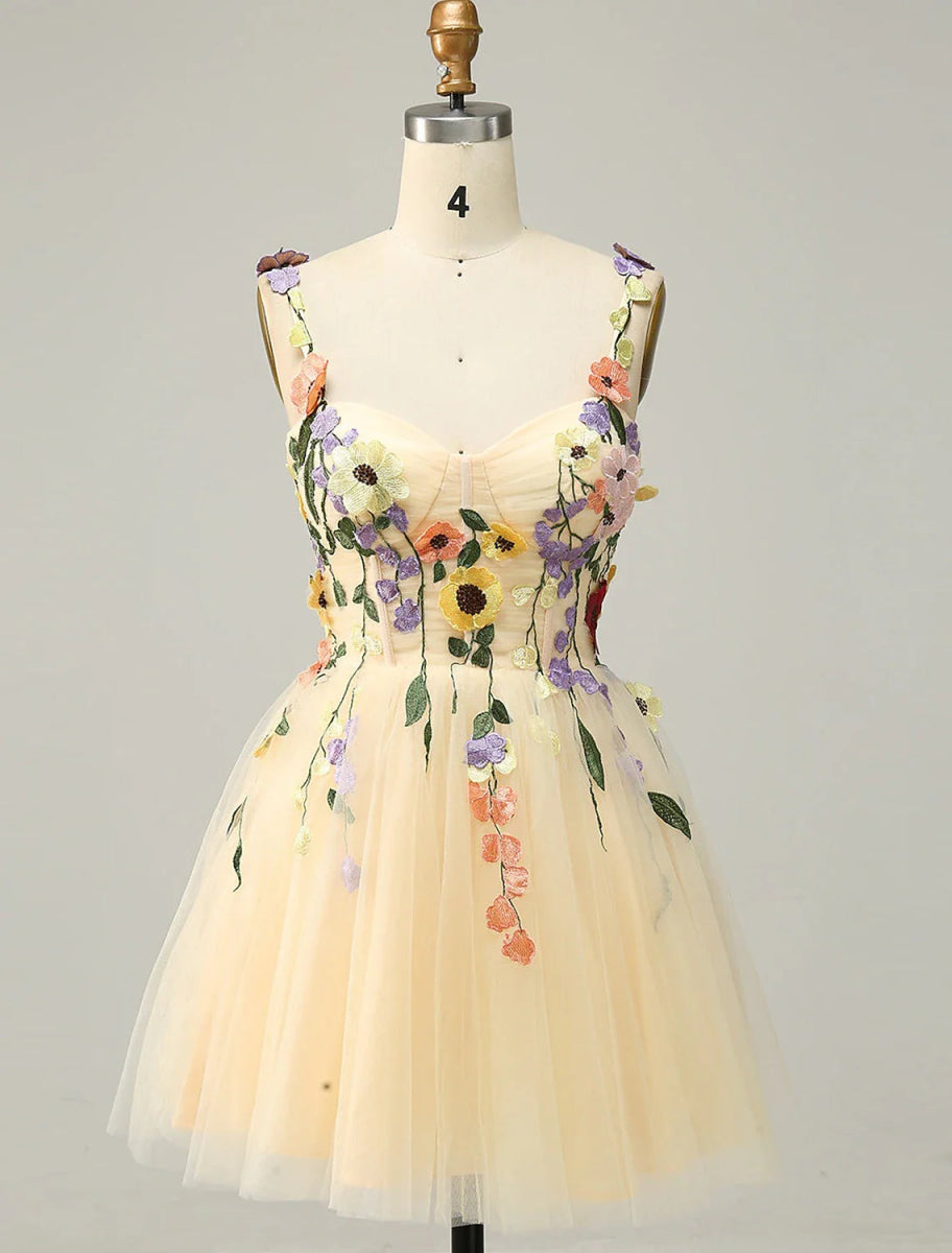 NumberSea - A - Line Homecoming Dresses Floral Dress Cocktail Party Garden Party Short / Mini Sleeveless Spaghetti Strap Tulle with Appliques