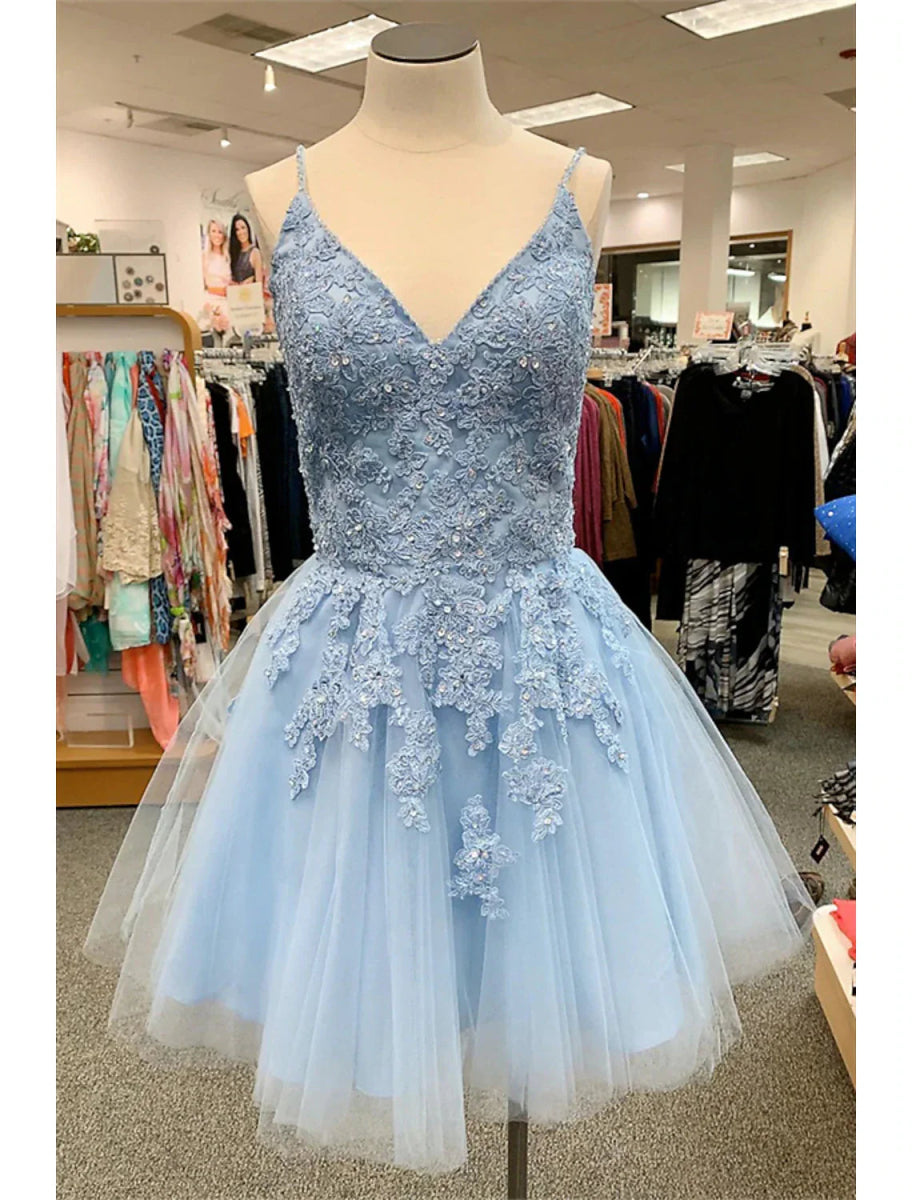 NumberSea - A - Line Homecoming Dresses Floral Dress Party Wear Cocktail Party Short / Mini Sleeveless Spaghetti Strap Tulle with Appliques