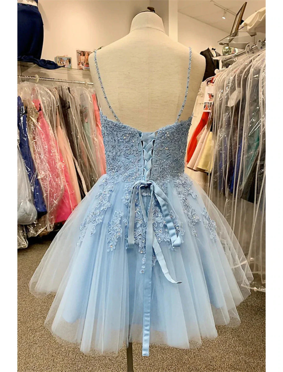 NumberSea - A - Line Homecoming Dresses Floral Dress Party Wear Cocktail Party Short / Mini Sleeveless Spaghetti Strap Tulle with Appliques