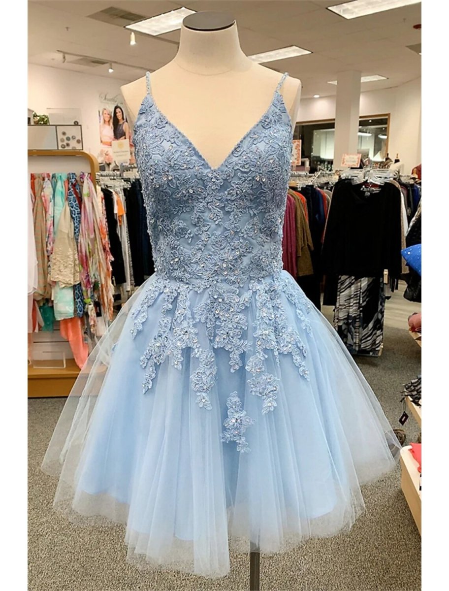 NumberSea - A - Line Homecoming Dresses Floral Dress Party Wear Short / Mini Sleeveless Spaghetti Strap Tulle with Appliques