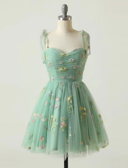 NumberSea - A - Line Homecoming Dresses Floral Dress Party Wear Short / Mini Sleeveless Spaghetti Strap Tulle with Embroidery