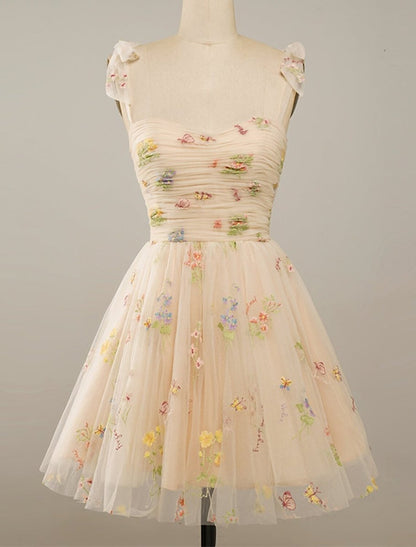 NumberSea - A - Line Homecoming Dresses Floral Dress Party Wear Short / Mini Sleeveless Spaghetti Strap Tulle with Embroidery