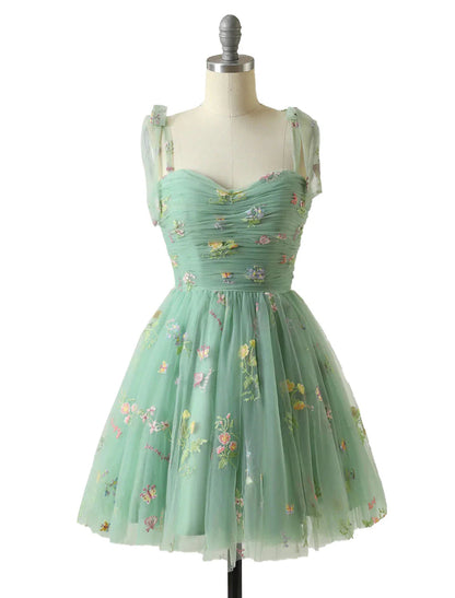 NumberSea - A - Line Homecoming Dresses Floral Dress Party Wear Summer Short / Mini Sleeveless Spaghetti Strap Tulle with Embroidery