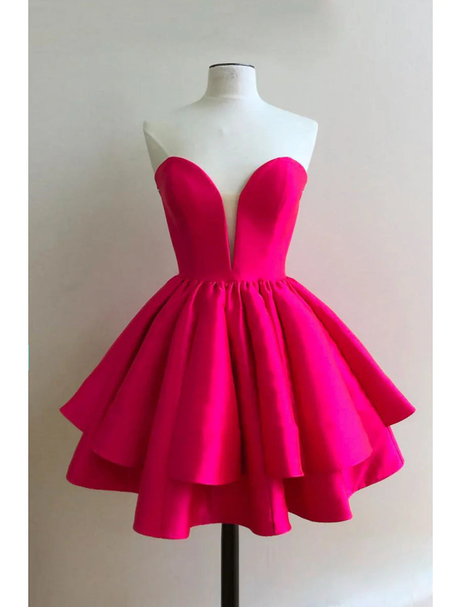 NumberSea - A - Line Homecoming Dresses Princess Dress Graduation Cocktail Party Short / Mini Sleeveless Sweetheart Pink Dress Satin Backless with Ruffles