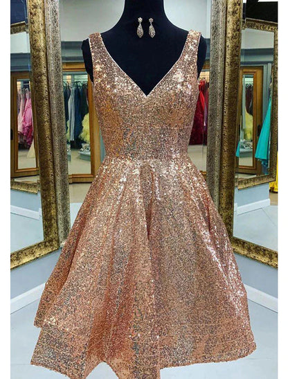 NumberSea - A - Line Homecoming Dresses Sparkle & Shine Dress Graduation Party Wear Tea Length Sleeveless V Neck Pink Dress Sequined with Sequin