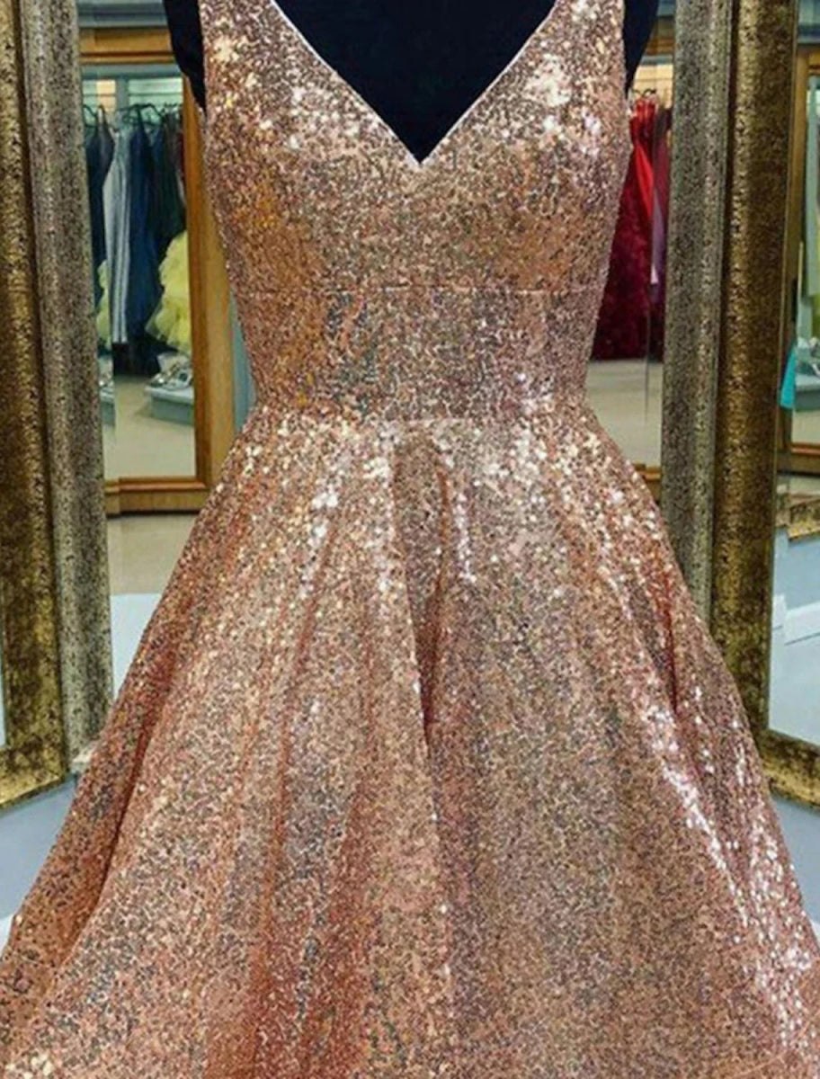 NumberSea - A - Line Homecoming Dresses Sparkle & Shine Dress Graduation Party Wear Tea Length Sleeveless V Neck Pink Dress Sequined with Sequin