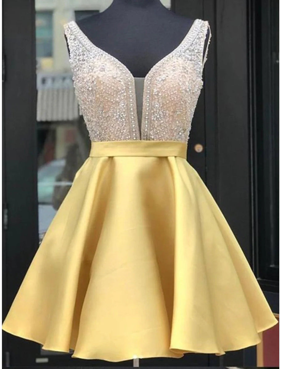 NumberSea - A - Line Homecoming Dresses Sparkle & Shine Dress Holiday Graduation Short / Mini Sleeveless V Neck Satin with Beading