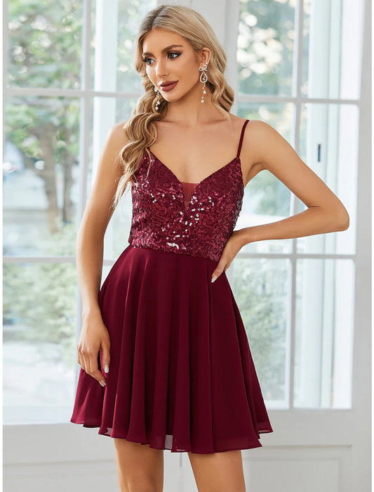 NumberSea - A - Line Homecoming Dresses Sparkle & Shine Dress Party Wear Birthday Short / Mini Sleeveless Spaghetti Strap Chiffon with Pleats Sequin