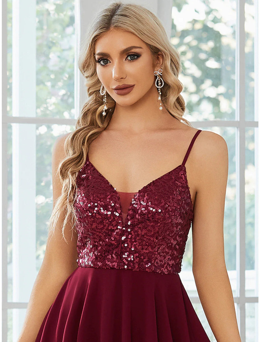 NumberSea - A - Line Homecoming Dresses Sparkle & Shine Dress Party Wear Birthday Short / Mini Sleeveless Spaghetti Strap Chiffon with Pleats Sequin