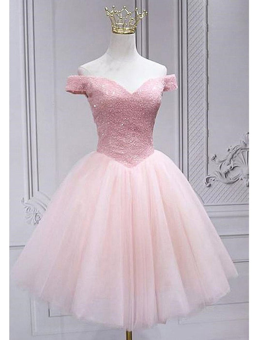 NumberSea - A - Line Homecoming Dresses Sparkle & Shine Dress Party Wear Cocktail Party Knee Length Sleeveless Off Shoulder Pink Dress Tulle with Sequin